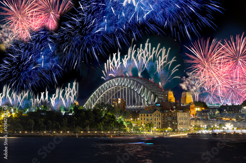 Canvas Print Sydney Harbour Bridge New Years Eve fireworks, colourful NYE fire works lighting the night skies with vivid multi colours NSW Australia