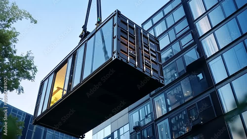 A modular living container with smart glass technology and sleek finish, positioned by crane into an eco-friendly apartment complex.