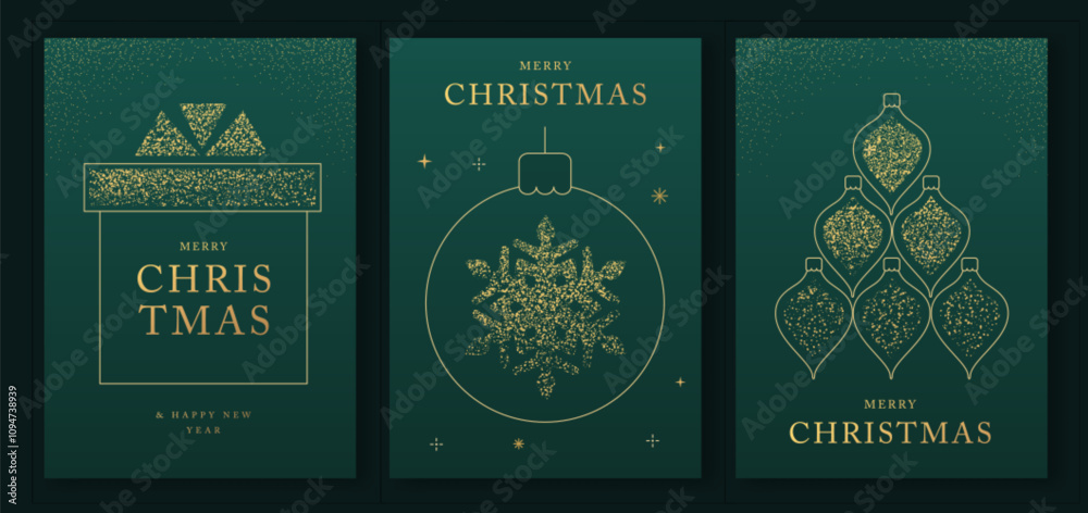 Fototapeta premium Set of luxury Merry Christmas and Happy New Year greeting cards, covers or posters with gold holiday decoration. Christmas green background. Vector illustration