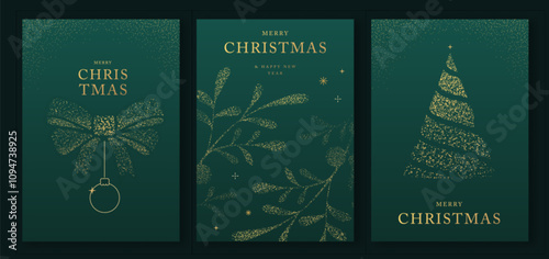 Set of luxury Merry Christmas and Happy New Year greeting cards, covers or posters with gold holiday decoration. Christmas green background. Vector illustration
