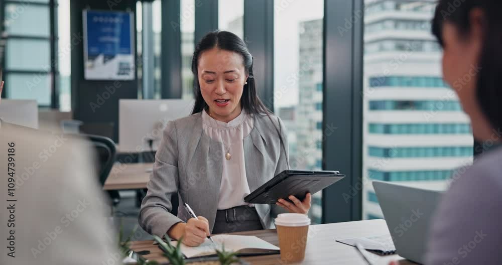 Business woman, meeting and notes with tablet for B2B, contract or conversation at office. Japanese manager, Hr officer and employees talking with candidates for partnership or career opportunity Business woman, meeting and notes with tablet for B2B, contract or conversation at office. Japanese manager, Hr officer and employees talking with candidates for partnership or career opportunity