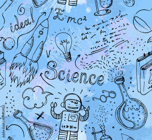 Back to School: science lab objects doodle hand drawn vintage style sketches seamless pattern, vector illustration.