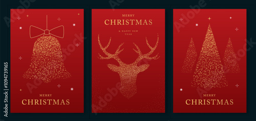 Set of luxury Merry Christmas and Happy New Year greeting cards, covers or posters with gold holiday decoration. Christmas red background. Vector illustration