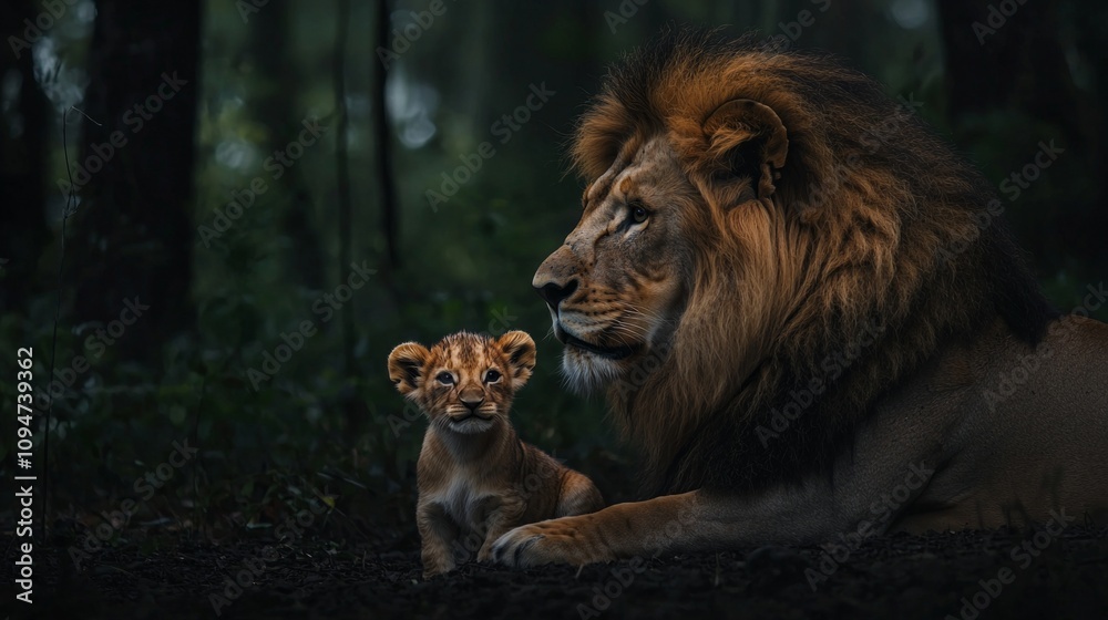 powerful lion and its small cub share tranquil moment dark forest emphasizing their strong connection and natural beauty amidst shadows powerful lion and its small cub share tranquil moment dark forest emphasizing their strong connection and natural beauty amidst shadows
