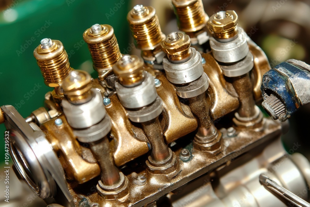 Detailed Close-Up of an Engine Component Being Serviced with Various Tools and Equipment for Car Maintenance and Repair Process Detailed Close-Up of an Engine Component Being Serviced with Various Tools and Equipment for Car Maintenance and Repair Process