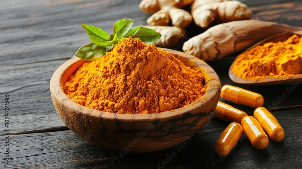 A bowl of turmeric powder with ginger and capsules on a wooden surface. A bowl of turmeric powder with ginger and capsules on a wooden surface.