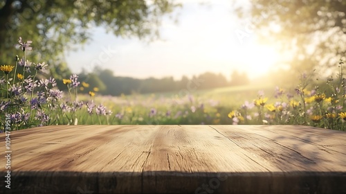 Wide oak table with light wood tones, gentle sunlight creating a warm glow, blurred view of a blooming meadow with wildflowers swaying in the breeze, fresh and uplifting mood, natural and serene