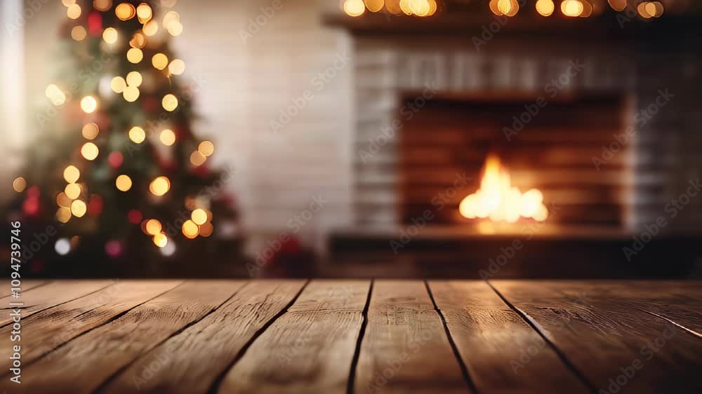 Christmas tree and fireplace, with a blurred background and copy space Christmas tree and fireplace, with a blurred background and copy space