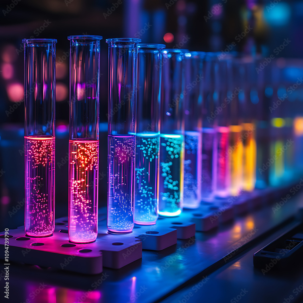 Colorful test tubes filled with glowing liquids in biotechnology lab create vibrant and dynamic atmosphere. illuminated liquids showcase various colors, enhancing scientific environment Colorful test tubes filled with glowing liquids in biotechnology lab create vibrant and dynamic atmosphere. illuminated liquids showcase various colors, enhancing scientific environment