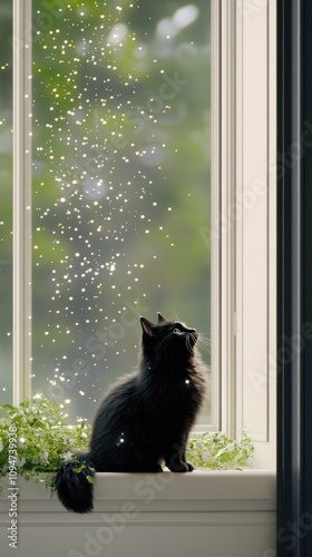 A black Sphinx cat observes its surroundings from a weathered stone wall surrounded by vibrant wildflowers and lush greenery in a mystical forest