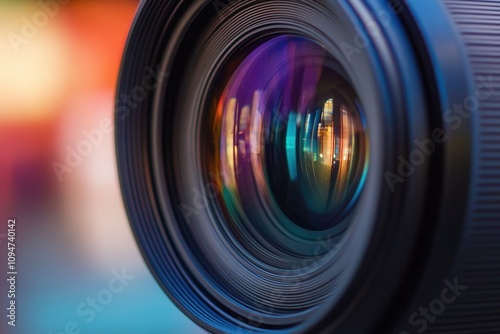 Close-up of a camera lens with colorful reflections. (1)