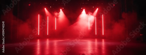  Free stage with lights and smoke, Empty stage with red spotlights, conser, show, party, Presentation concept. Red spotlight strike on black background  photo