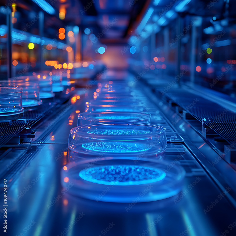 Futuristic biotech lab with illuminated petri dishes in blue light, showcasing advanced technology and sterile environment. atmosphere is vibrant and innovative Futuristic biotech lab with illuminated petri dishes in blue light, showcasing advanced technology and sterile environment. atmosphere is vibrant and innovative
