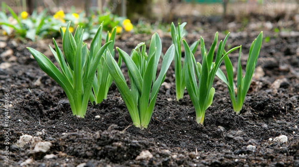 Freshly planted bulbs in a garden bed with small shoots emerging from the soil