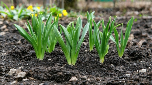Freshly planted bulbs in a garden bed with small shoots emerging from the soil