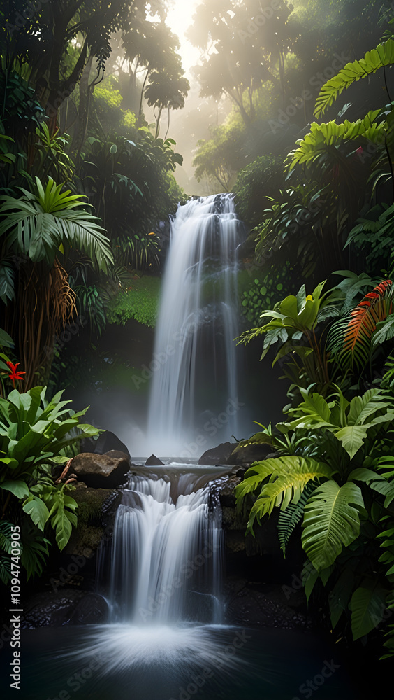 Tropical Waterfall with Rainbow Mist Tropical Waterfall with Rainbow Mist
