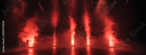  Free stage with lights and smoke, Empty stage with red spotlights, conser, show, party, Presentation concept. Red spotlight strike on black background  photo