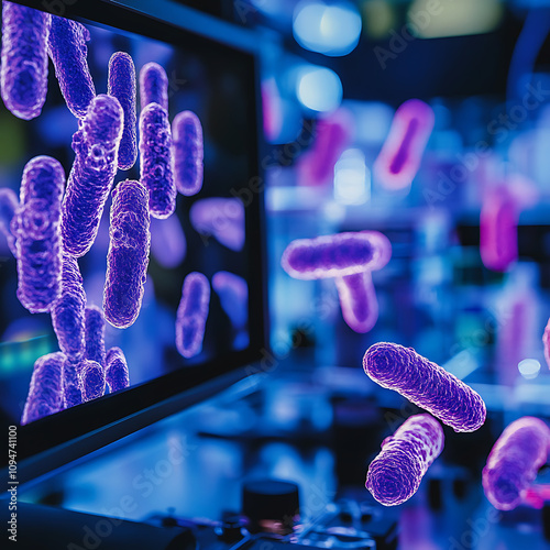 Genetically engineered bacteria are displayed on monitor, showcasing vibrant purple colors. scene captures modern laboratory environment filled with advanced technology and scientific exploration photo