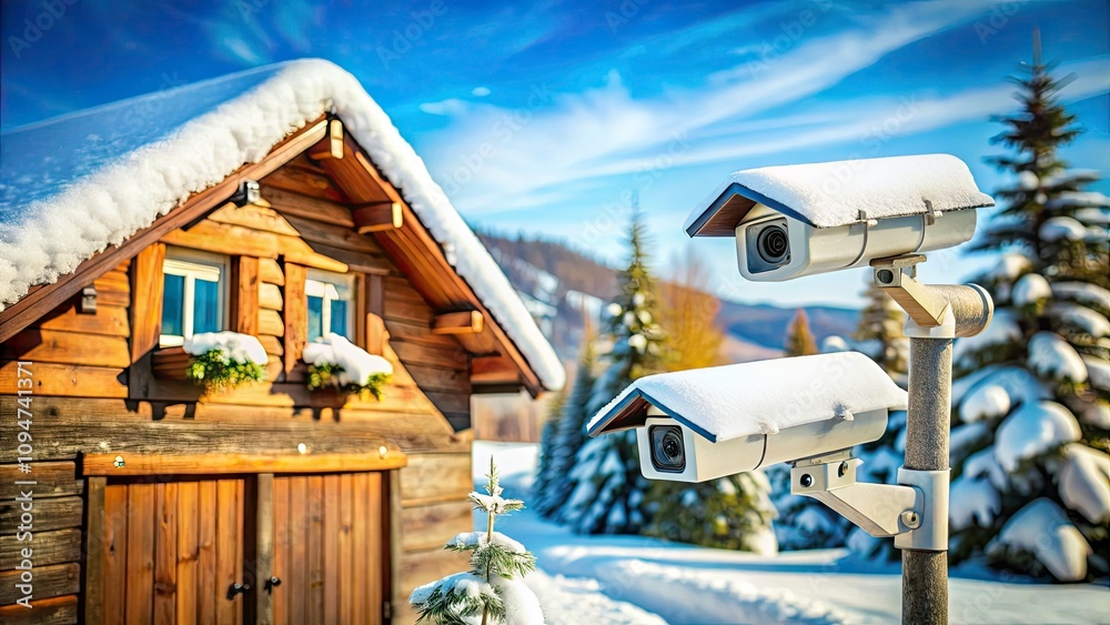 Snow-Covered Surveillance Cameras on a Building in a Serene Winter Landscape with a Wooden House in the Background Snow-Covered Surveillance Cameras on a Building in a Serene Winter Landscape with a Wooden House in the Background