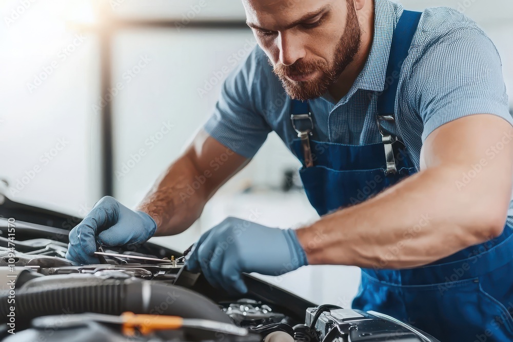 Obraz premium Skilled Technician Examining Car Engine Components