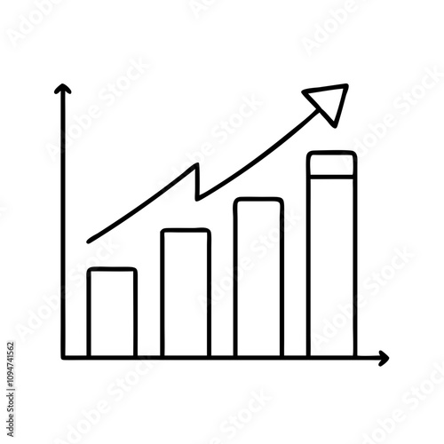 Linear icon of growth chart with ascending bars and arrow, business concept