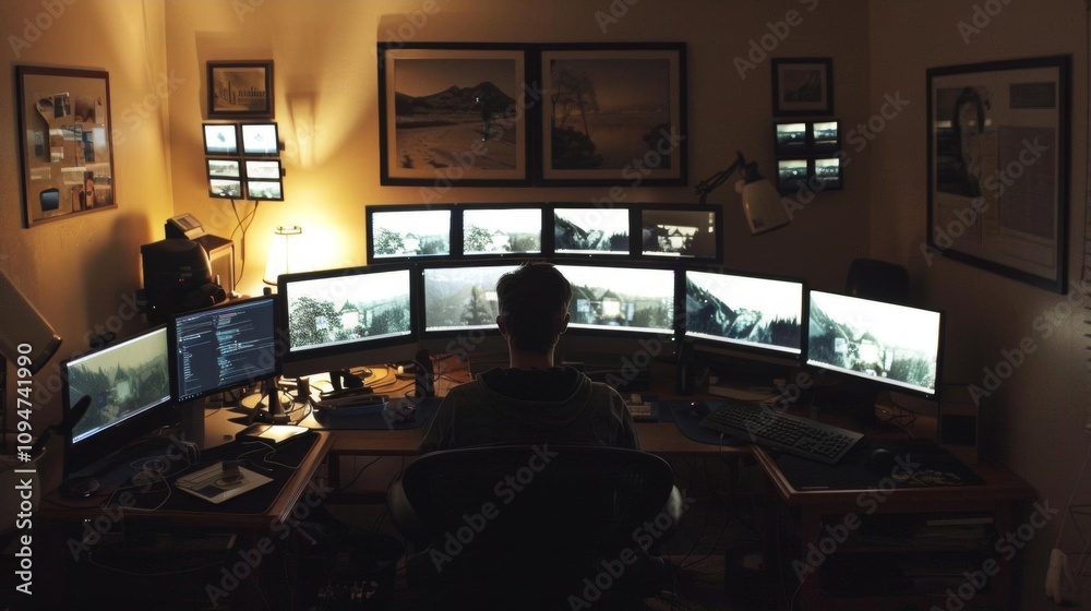 A person sits at a desk surrounded by multiple monitors displaying various images. A person sits at a desk surrounded by multiple monitors displaying various images.