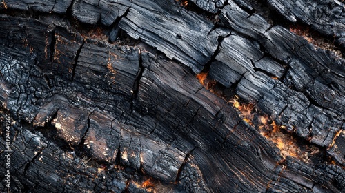 Scorched and blackened wood after a controlled burn in a forest or outdoor area photo