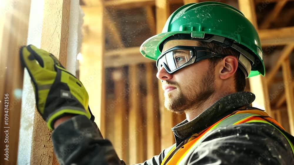A focused construction worker installs insulation panels along wooden wall studs, dust motes visible in bright beams of light streaming through open windows, adding warmth to the w A focused construction worker installs insulation panels along wooden wall studs, dust motes visible in bright beams of light streaming through open windows, adding warmth to the w
