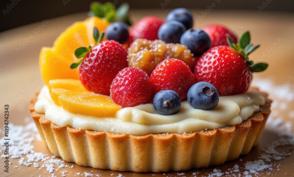 Colorful fruit tart with cream and berries Colorful fruit tart with cream and berries