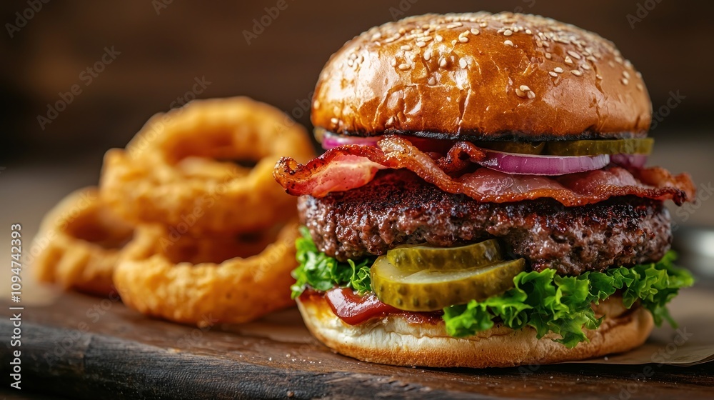 Classic burger with a perfectly cooked patty, crispy bacon, pickles, and a side of onion rings