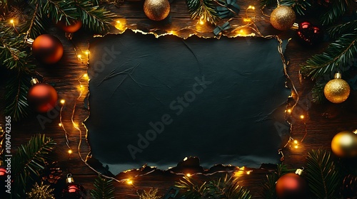 A black paper with torn edges on a polished mahogany table, framed by a garland of twinkling lights, gold and red ornaments scattered around, Christmas vibe