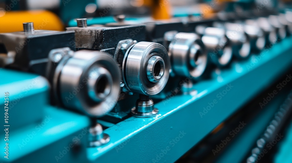 Close-up of a Row of Metal Rollers on a Blue Conveyor Belt Close-up of a Row of Metal Rollers on a Blue Conveyor Belt