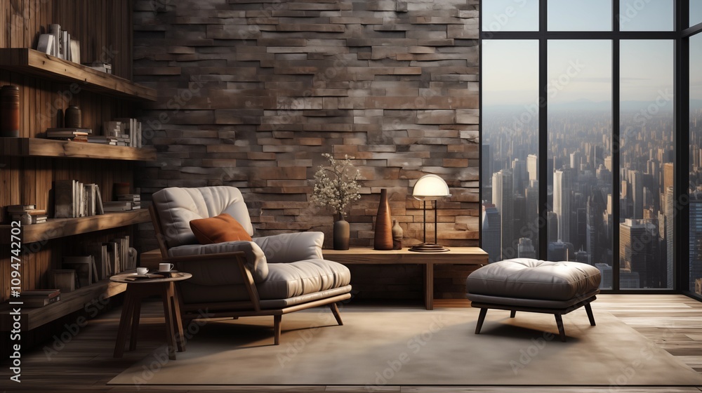 A modern living room rendered in 3D, featuring a cozy armchair and coffee table. Neutral tones and clean design create a welcoming space. A modern living room rendered in 3D, featuring a cozy armchair and coffee table. Neutral tones and clean design create a welcoming space.