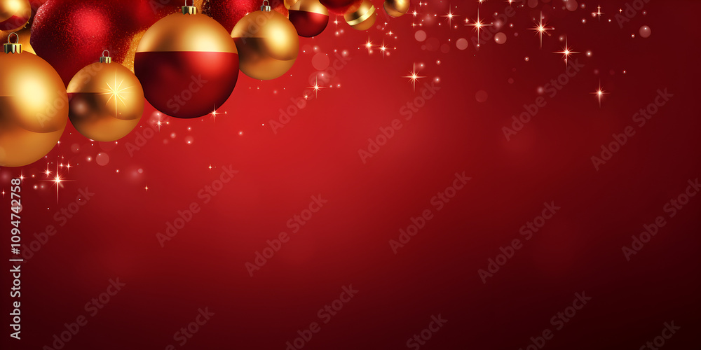 Red festive background with white snowflakes and shiny glitter elements, free copy space for text Red festive background with white snowflakes and shiny glitter elements, free copy space for text