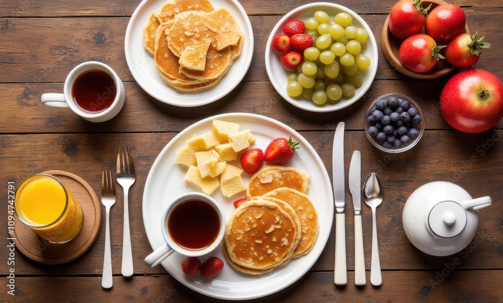 Delicious breakfast spread with pancakes and fruits Delicious breakfast spread with pancakes and fruits