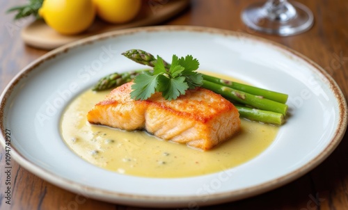 Delicious salmon with asparagus and sauce