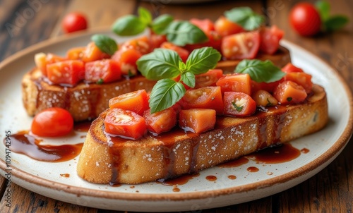 Delicious bruschetta topped with fresh tomatoes photo