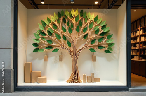 Large cardboard tree in retail window showcases sustainability initiatives creatively photo