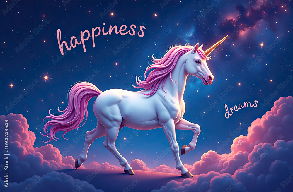 Magical unicorn walking on clouds under a starry night sky with dreams and happiness Magical unicorn walking on clouds under a starry night sky with dreams and happiness