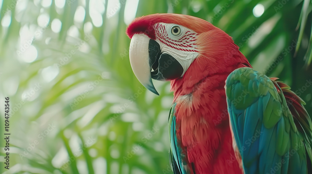 Obraz premium Vibrant macaw perched amidst lush green foliage, showcasing its colorful feathers