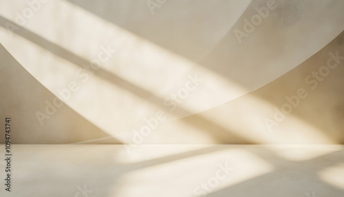 Empty abstract background in neutral beige colors for business product presentation. Geometrical shadows on wall for modern minimalist mockup backdrop.