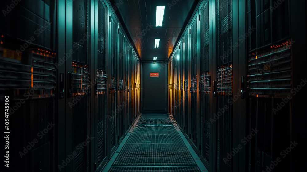 Storage corridor illuminated with soft light in a modern data center during evening hours Storage corridor illuminated with soft light in a modern data center during evening hours