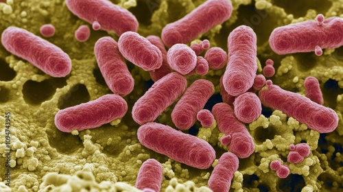 Close-up microscopic shot of Clostridium Difficile bacteria, a pathogen responsible for gastrointestinal infections, under a high-powered lens photo