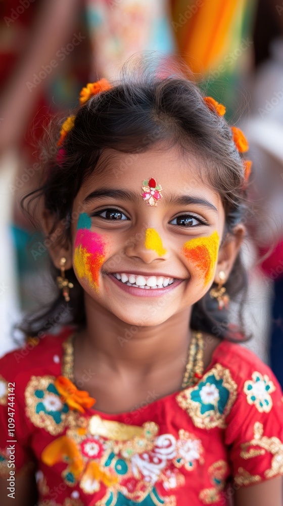 A joyful child shows excitement at a lively festival, sporting colorful face paint A joyful child shows excitement at a lively festival, sporting colorful face paint