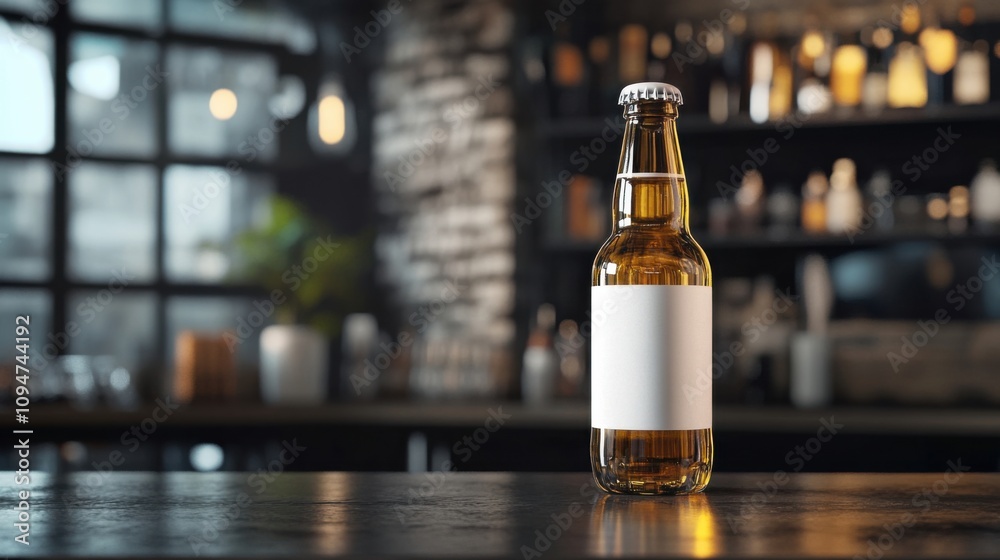 Blank beer bottle mockup placed on a bar counter, ideal for beverage design showcases Blank beer bottle mockup placed on a bar counter, ideal for beverage design showcases