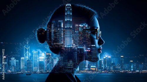 businesswoman looking forward with cityscape silhouette, showcasing urban life and ambition. image conveys sense of determination and vision