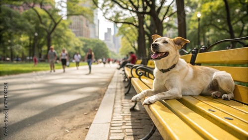 A spirited dog playfully reclines on a sunlit park bench paws d casually over the edge radiating joy and relaxation in a bustling urban park. photo