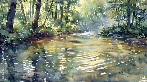 Wallpaper Mural A soothing watercolor painting of a peaceful forest stream, with dappled sunlight filtering through the trees and casting gentle ripples on the water's surface. Torontodigital.ca