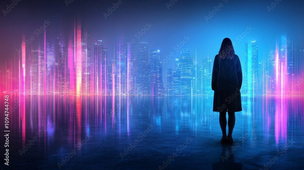 female silhouette stands before vibrant city skyline, illuminated by colorful lights, creating futuristic atmosphere. scene evokes sense of wonder and possibility