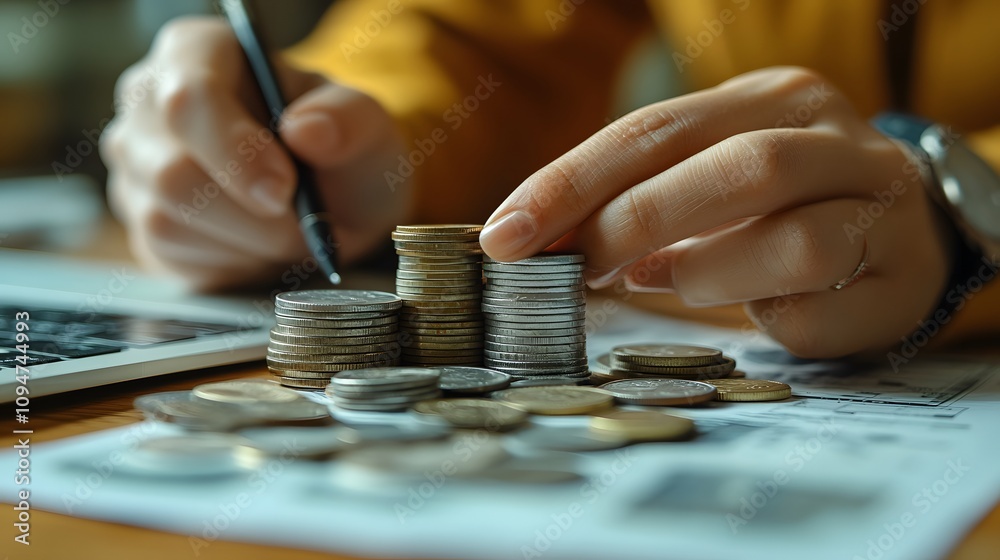 Youthful hand adding a coin to a stack on a sunny desk, representing early savings Youthful hand adding a coin to a stack on a sunny desk, representing early savings